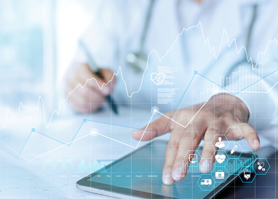 healthcare in automation | close up of person in white lab coat writing notes while tapping on tablet with icons floating in air